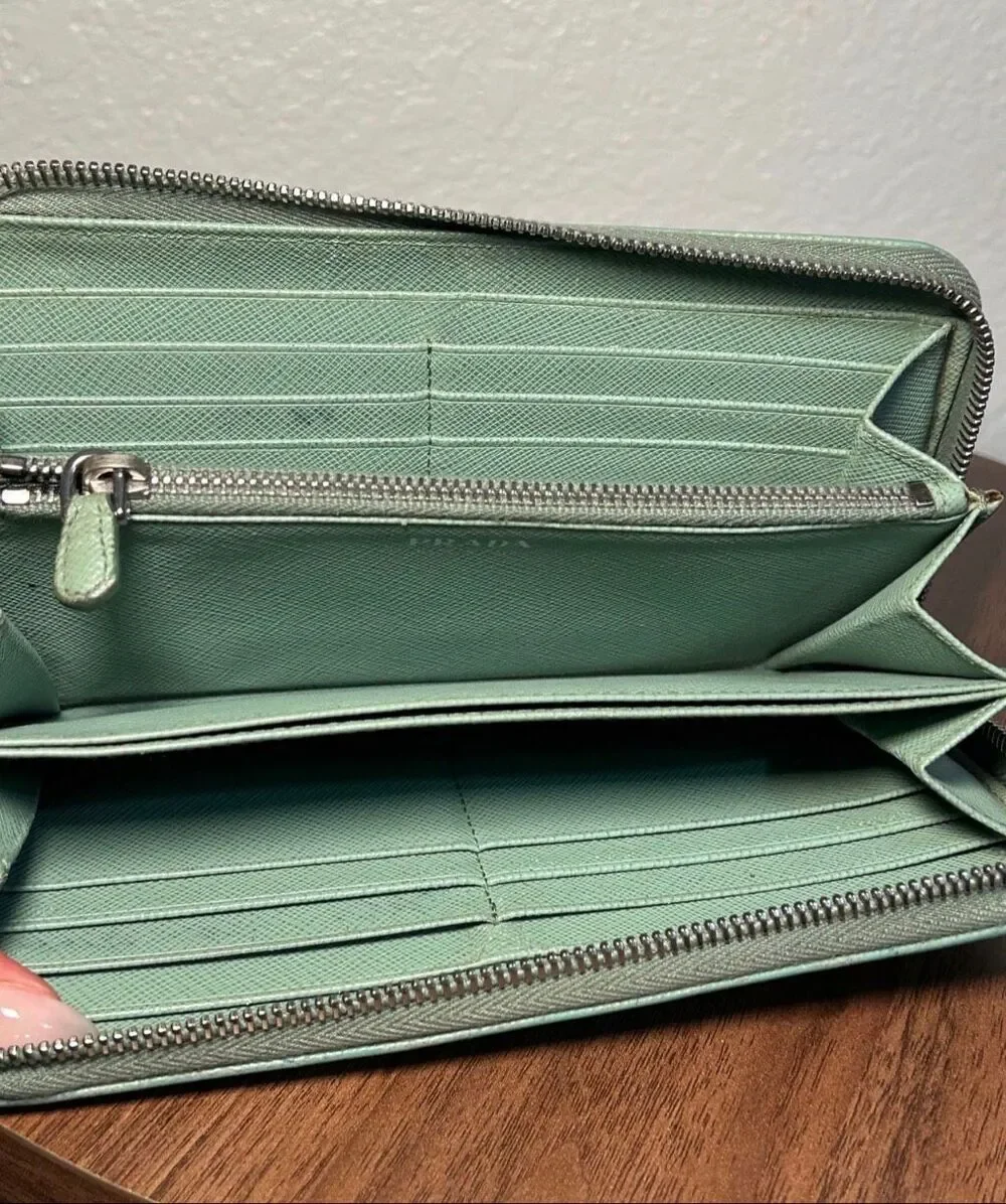 Prada Zip Around Saffiano Leather Long Wallet Green Travel Silver Logo Accent